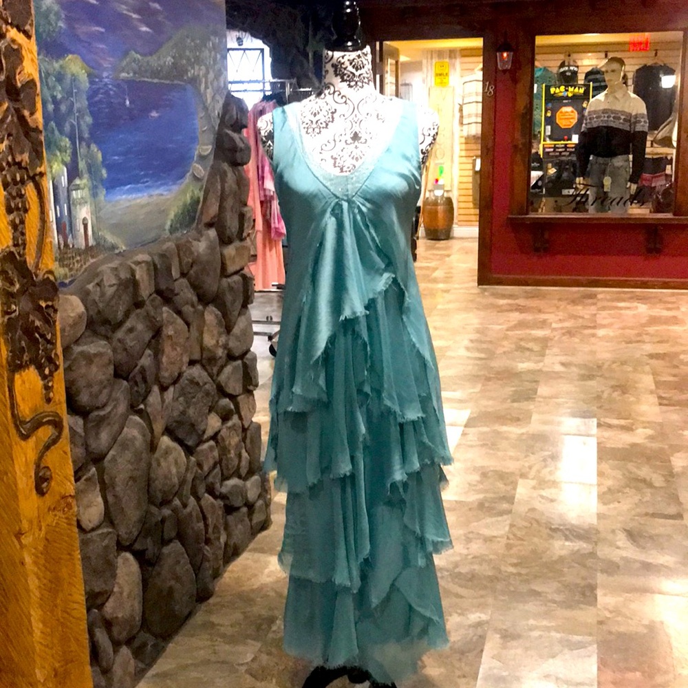 NWT Dance in Paris Aqua Maxi Ruffle Dress One Size